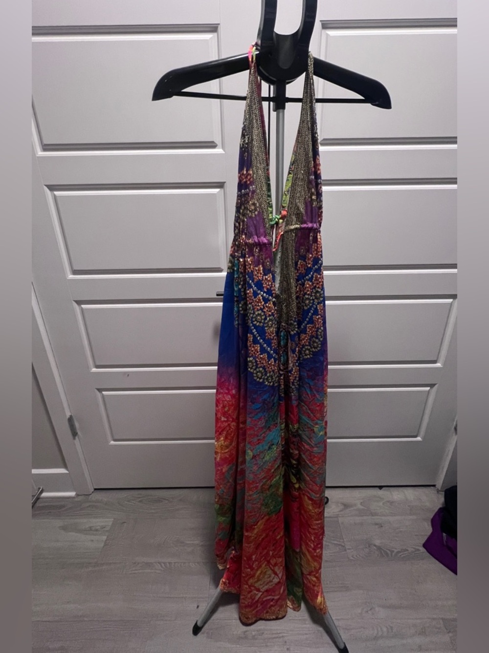 Colorful Halter Maxi Dress with Deep V-Neck